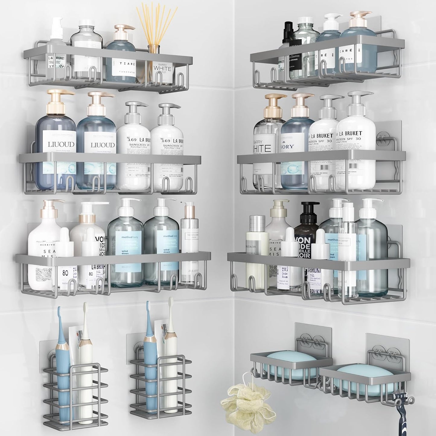 Liuoud 5 Pack Shower Caddy Organizer Rack Shelf for Inside Shower, Self Adhesive Wall Storage Basket Rustproof Stainless Steel Shampoo Holder Bathroom Accessory Decor Set, Gold