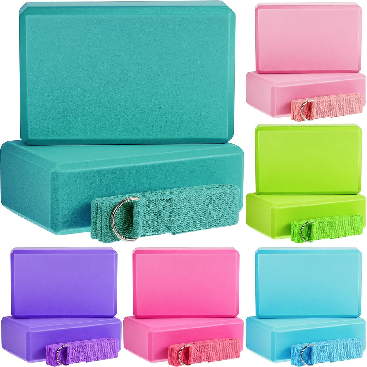 Meooeck 18 Pcs Yoga Blocks and Strap Set Include 12 EVA Foam Yoga Blocks Bulk 9"x6"x3" with 6 Adjustable 8 ft Straps D Ring Non Slip Props for Stretching Pilates Workout Studio Home Gym