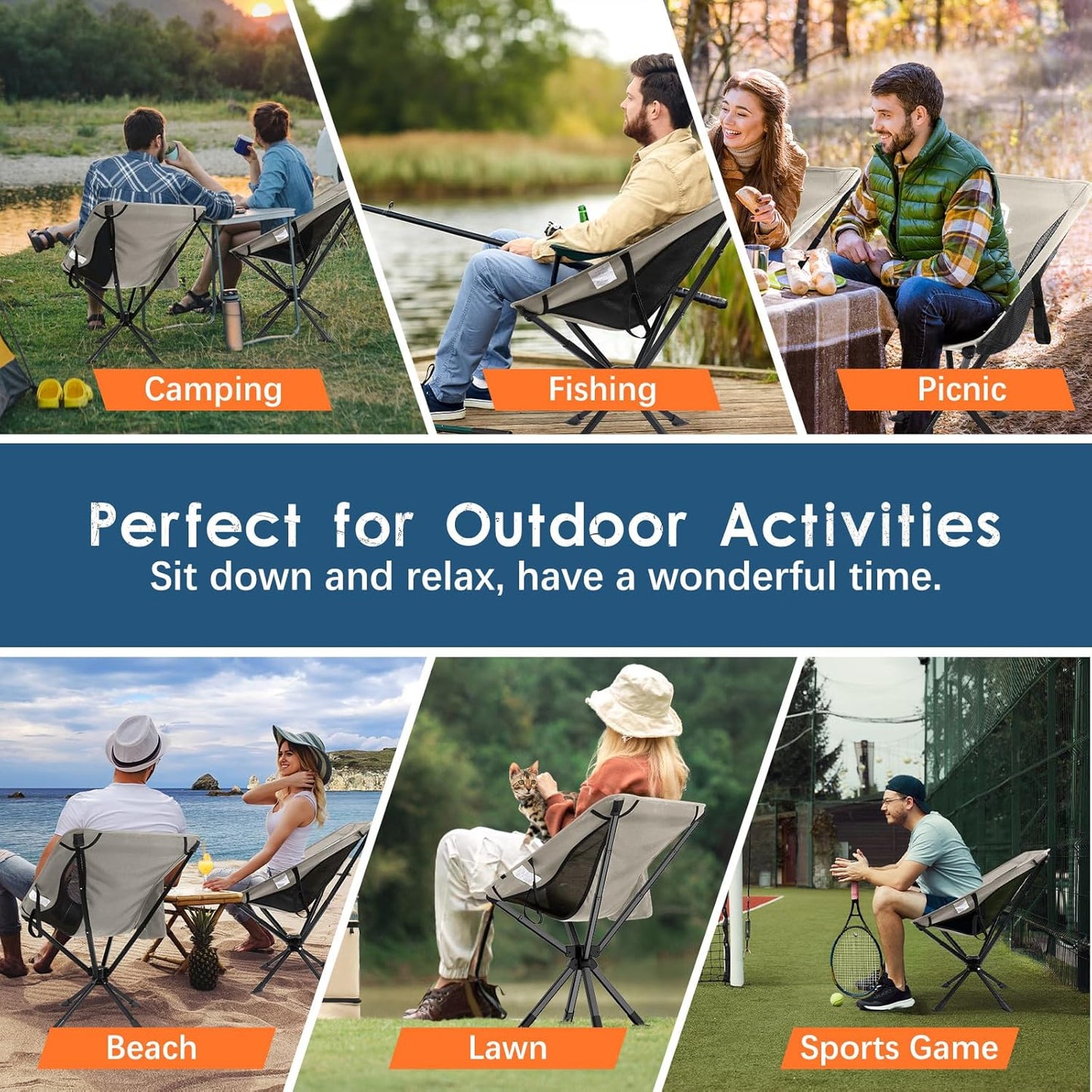 Raynesys Portable Camping Chair 1 Pack, 8 Seconds Quick Setup Folding Camping Chair, Flexible 360° Rotation, 3.8Lb Lightweight Travel Chairs for Easy Carry to Hiking, Sporting, Beach, Khaki