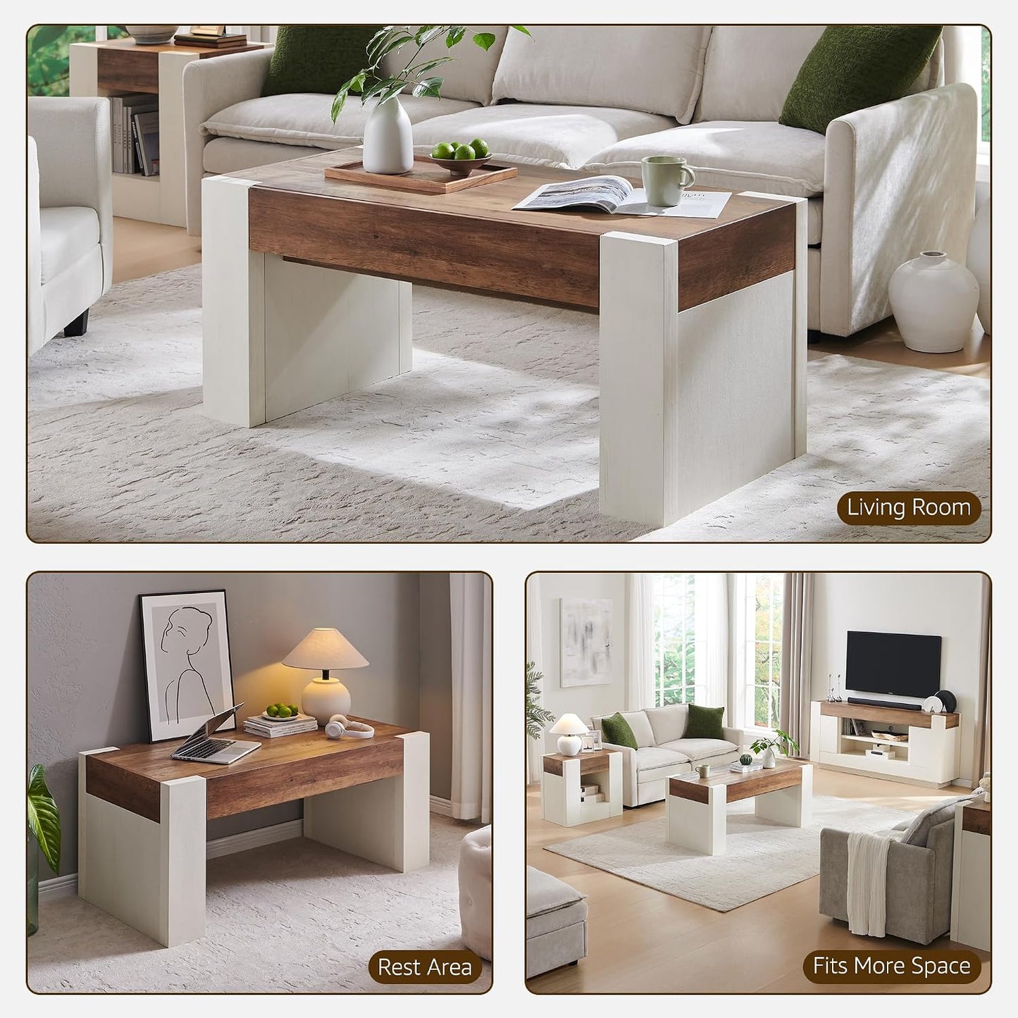 OKD 48" Modern Coffee Table with Hidden Storage Drawer,Antique White | Wood Thick Design, Rustic Rectangular Center Tables for Living Room, Office