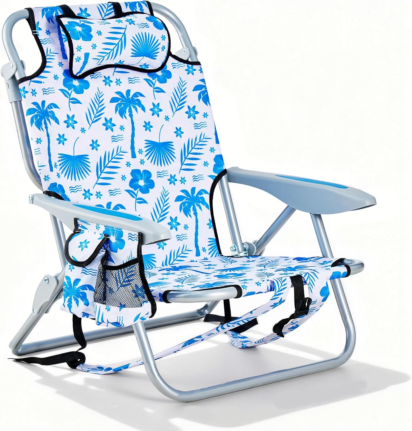Portable Beach Chair for Adults, Outdoor Camping Chair Lay Flat Folding Backpack Beach Reclining Chair with 5 Positions, Headrest, Cup Holder, Heavy Ocean Striped