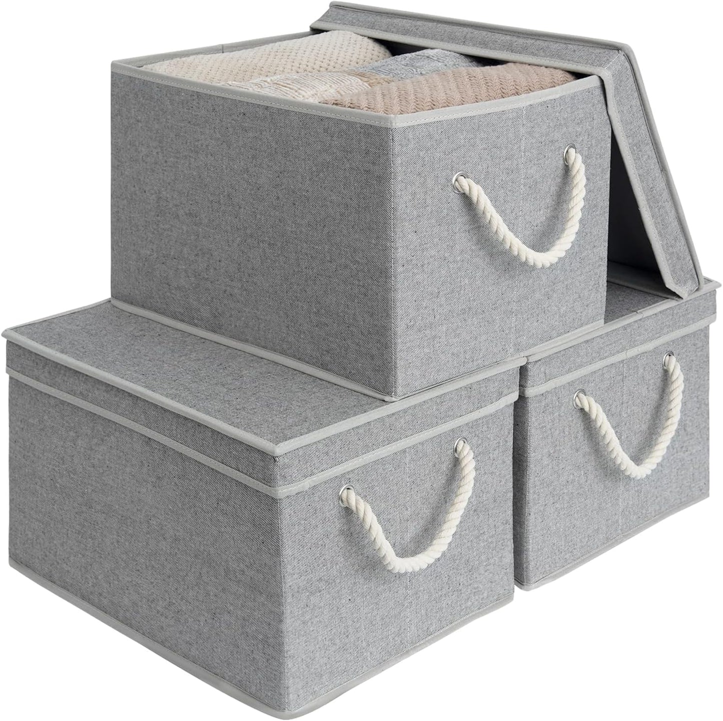 StorageWorks Storage Bins with Lids, Decorative Storage Boxes with Lid and Soft Rope Handles, Foldable Storage Baskets for Closet, Shelves, Stackable, 3-Pack, Gray, Large