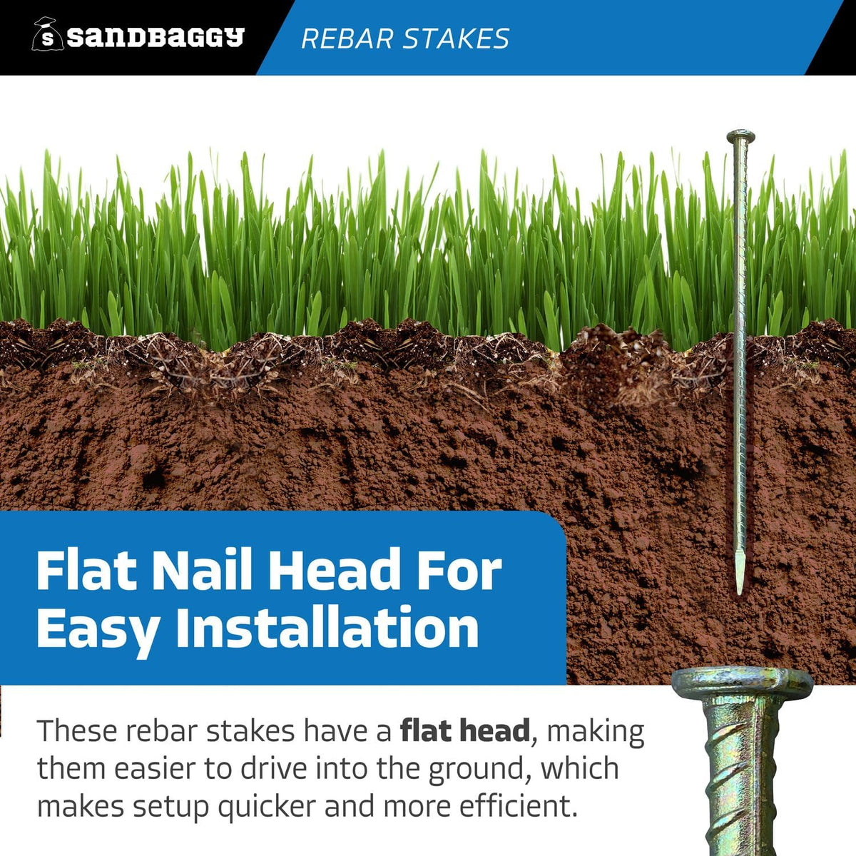 Sandbaggy 16" Galvanized Steel Rebar Stakes with Nail Head - Garden Stakes (#4 Rebar - 1/2" Diameter) - l-Shape - Ground Stake, Pins, Landscaping Spikes, Construction (150, Count)