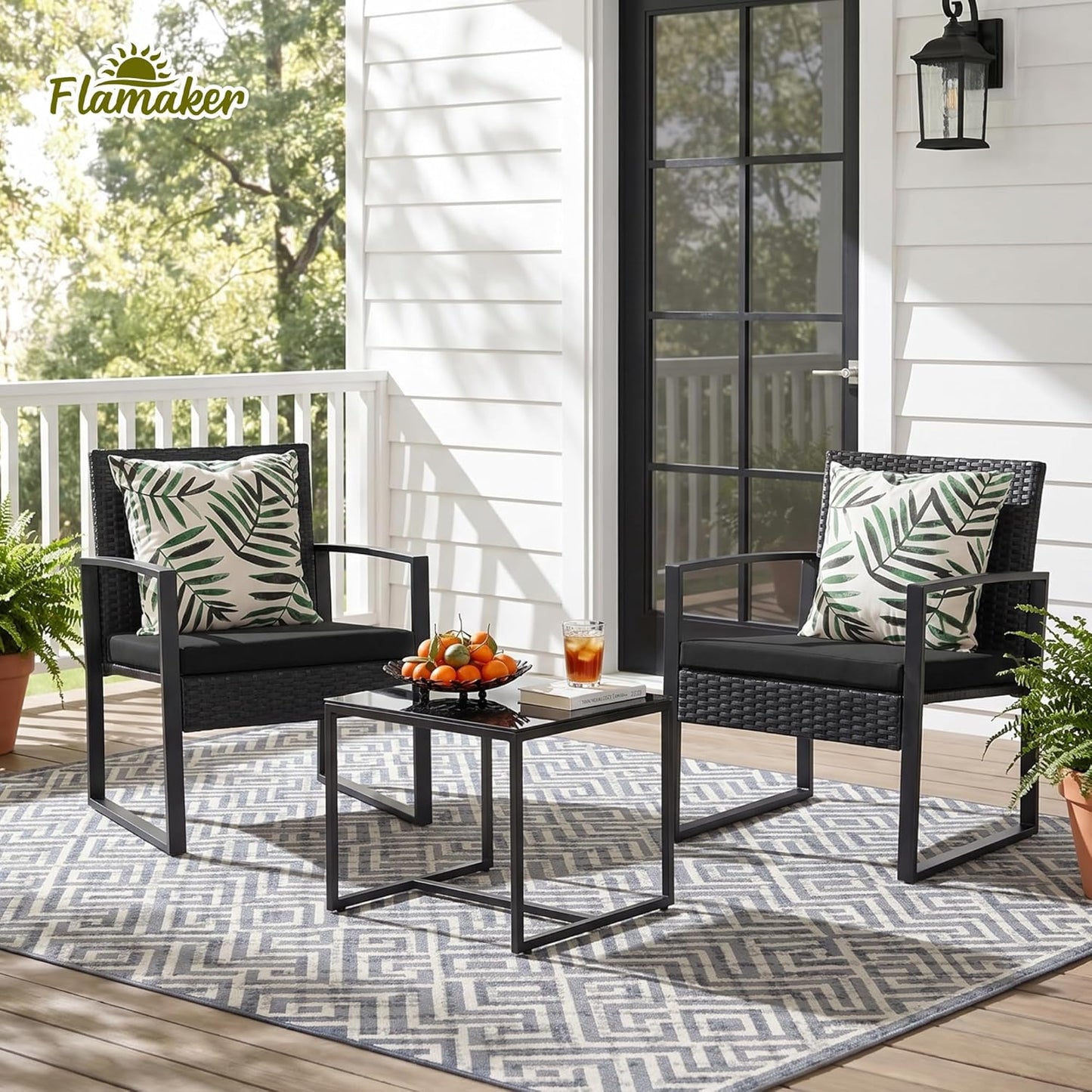 Flamaker 3 Pieces Outdoor Patio Wicker Furniture Set, Modern Rattan Chair Conversation Sets with Coffee Table for Yard and Bistro (Black)