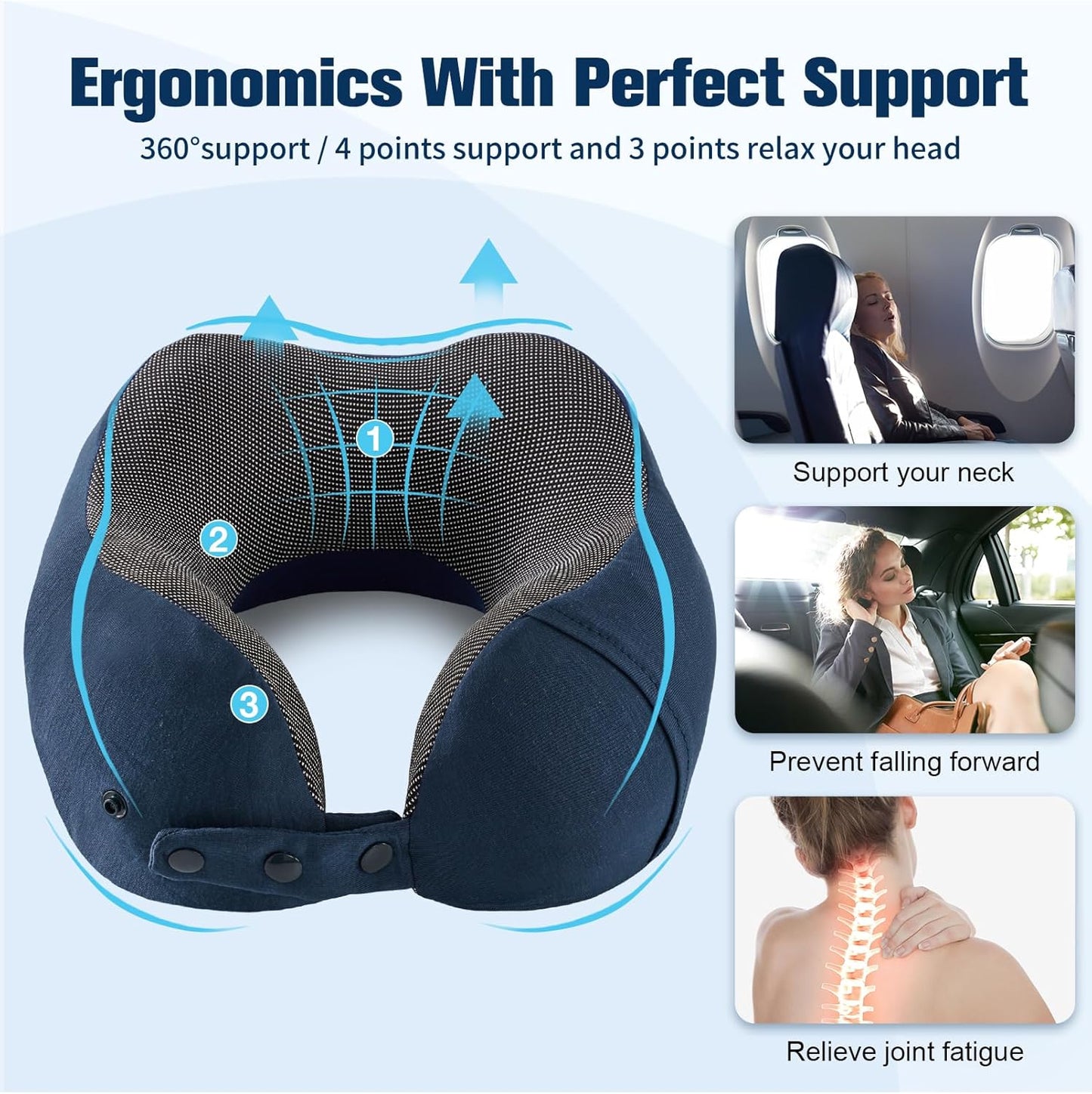 Cirorld Neck Pillow for Traveling, Travel Pillows for Airplanes,100% Pure Memory Foam Travel Neck Pillow, Adjustable Flight Pillow, Portable Plane Accessories with Eye Mask, Earplugs, Carry Bag