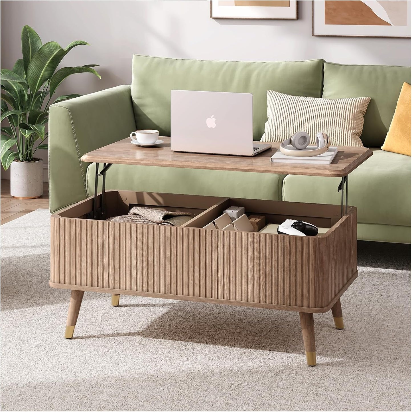 JOINICE Lift Top Coffee Table with Storage, Mid Century Modern Rectangular Center Table, Fluted Design with Hidden Compartment, Rising Desk for Work from Home, Living Room Furniture, Oak Finish