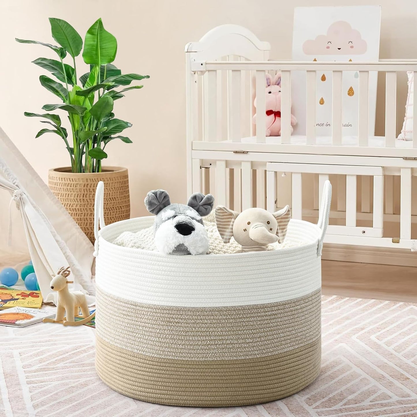 67L Large Woven Blanket Basket, Cotton Rope Baby Laundry Hamper with Handles, Kids Toy Basket for Classroom & Nursery, Soft Round Stuffed Animal Storage, Dog Toy Bin - 20"x13", Gradient Brown