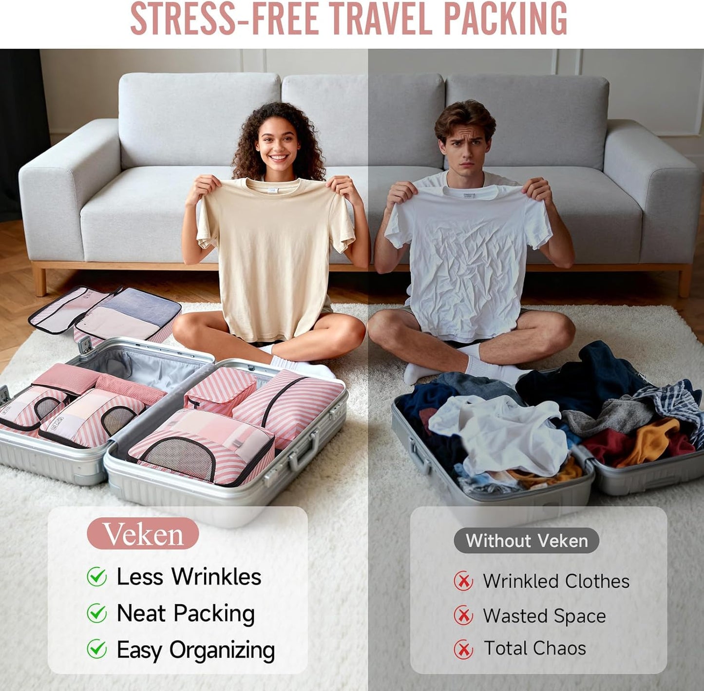 Veken 8 Set Packing Cubes for Travel Essentials, Suitcase Organizer Bags in 4 Sizes, Carry-On Luggage Accessories with Laundry Bag, Airplane Must Have, Gifts for Women Men