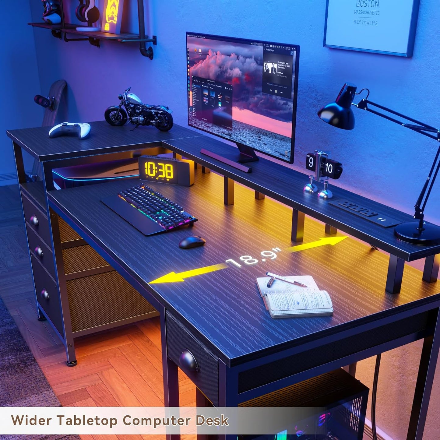 Furologee 60" Black Computer Desk with 4 Drawers and Printer Space, Gaming Desk with LED Lights and USB Power Outlets, Home Office Desk with Fabric File Cabinet,Study Work Table with Shelf for Bedroom