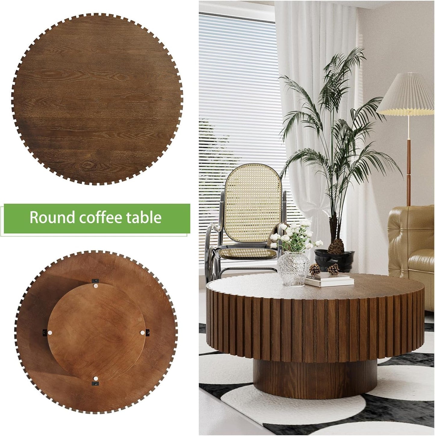 Artisan-Crafted Round Fluted Coffee Table (Walnut 31in) | Solid Wood Drum Base with Detailing, Handmade Circular Centerpiece for Living Room, Rustic Modern Home Decor