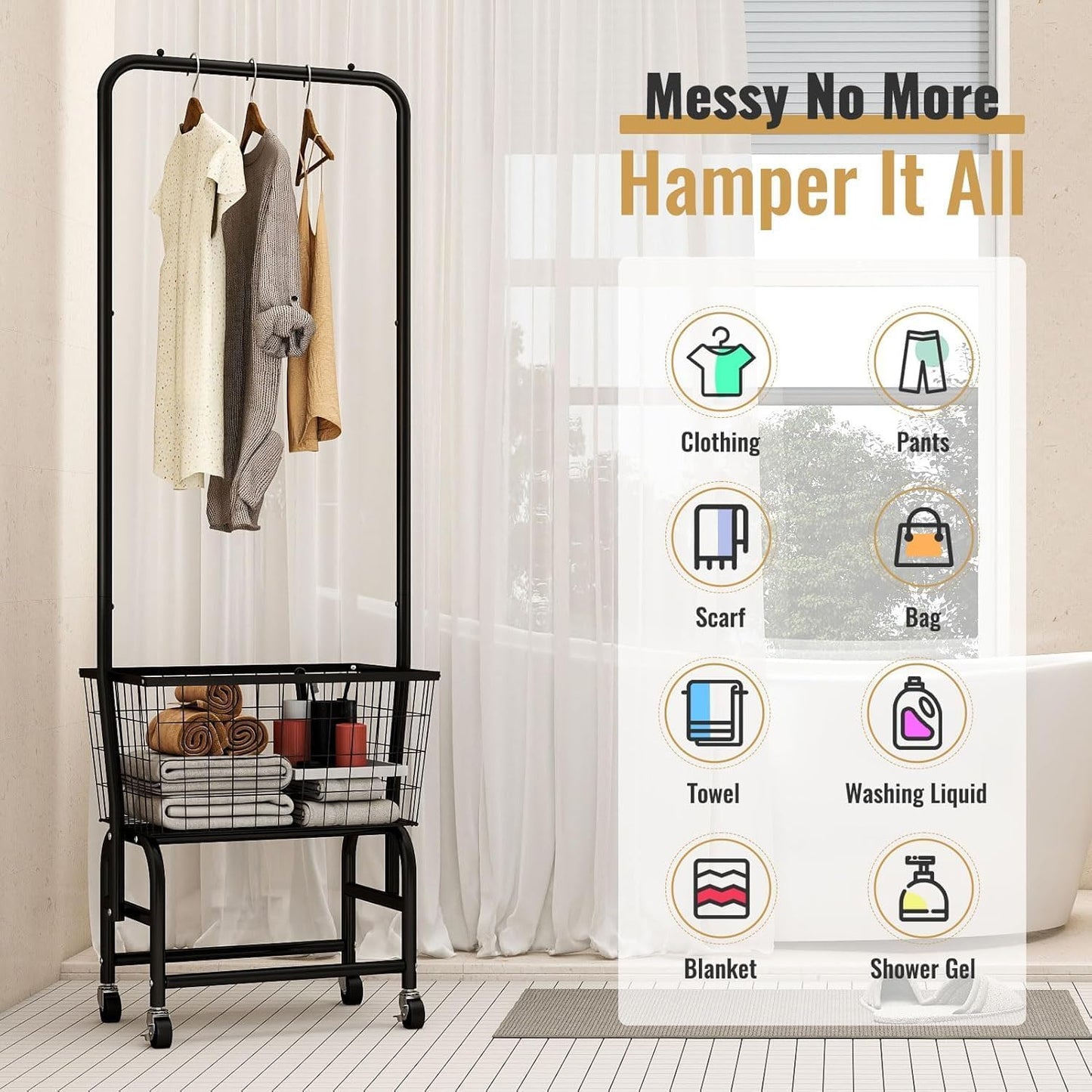 ALIMORDEN Laundry Cart with Clothes Rack, Rolling Laundry Butler with Wire Storage Rack,Black