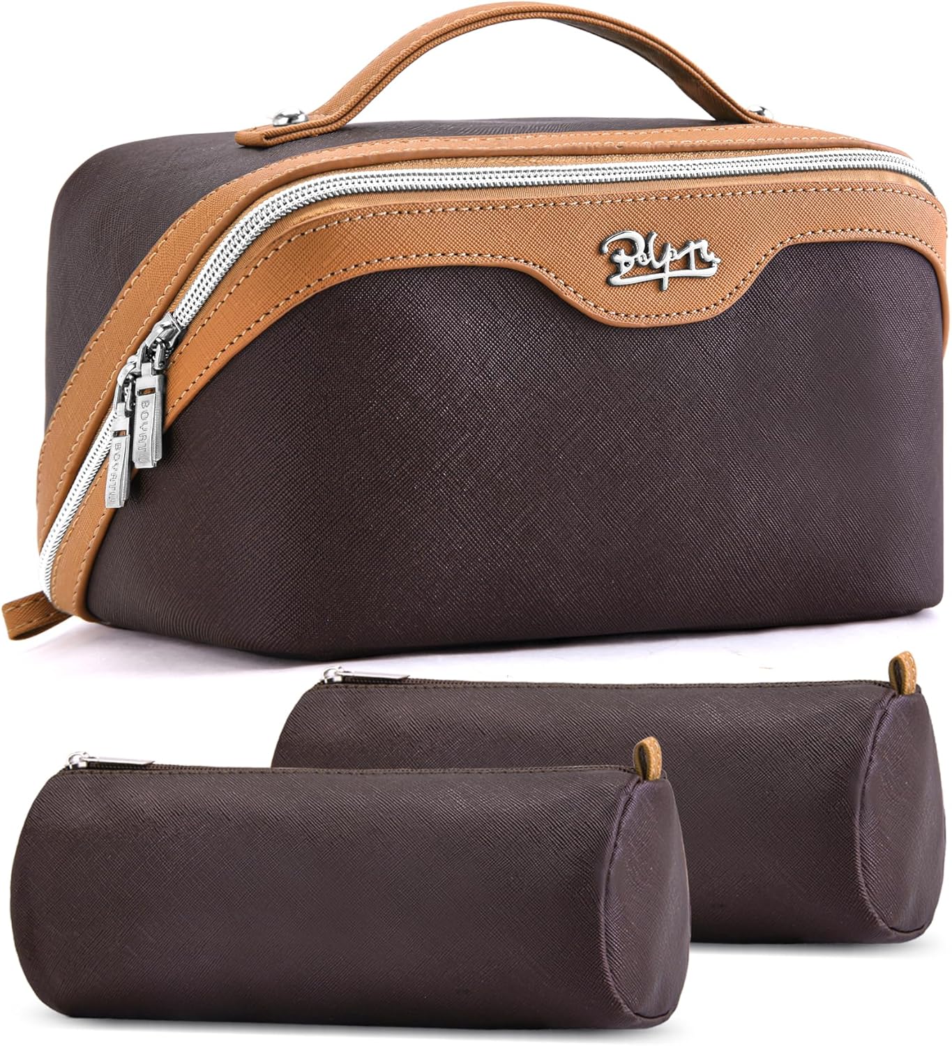 BOYATU Travel Makeup Bag Organizer: 3 Pcs Set Large Capacity Cosmetic Bags Holds 10–20 100ml Full-Size Bottles - 180°Open-Flat Make up Case 3-sec touch-up - Toiletry Bag Gift women (01-D-Green)