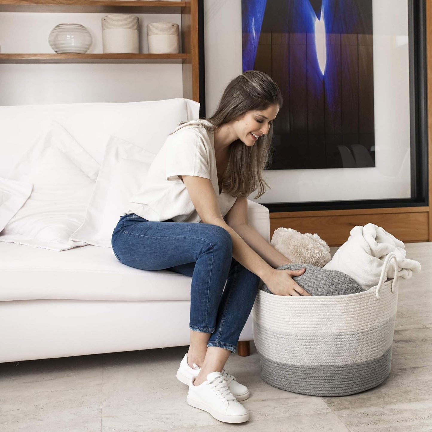 OrganiHaus Round Toy Basket & Blanket Basket, Cotton Rope 20x13" | 3-Toned Gray - Round Cotton Rope Basket, 20x13"