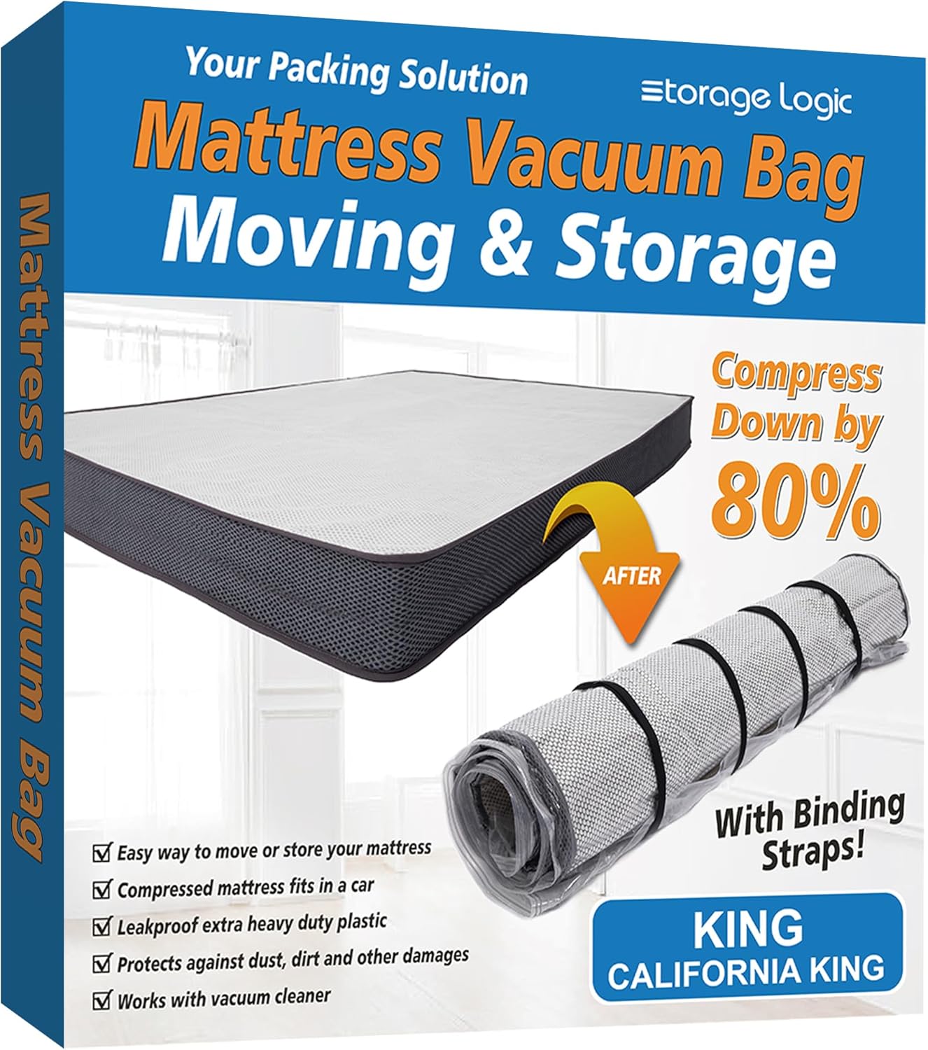 Storage Logic Foam Mattress Vacuum Bag with 4 Adjustable Packing Straps for Moving, Storage, Shipping, Vacuum Seal Mattress Bag with Packaging Straps (Queen/Full/Full-XL)