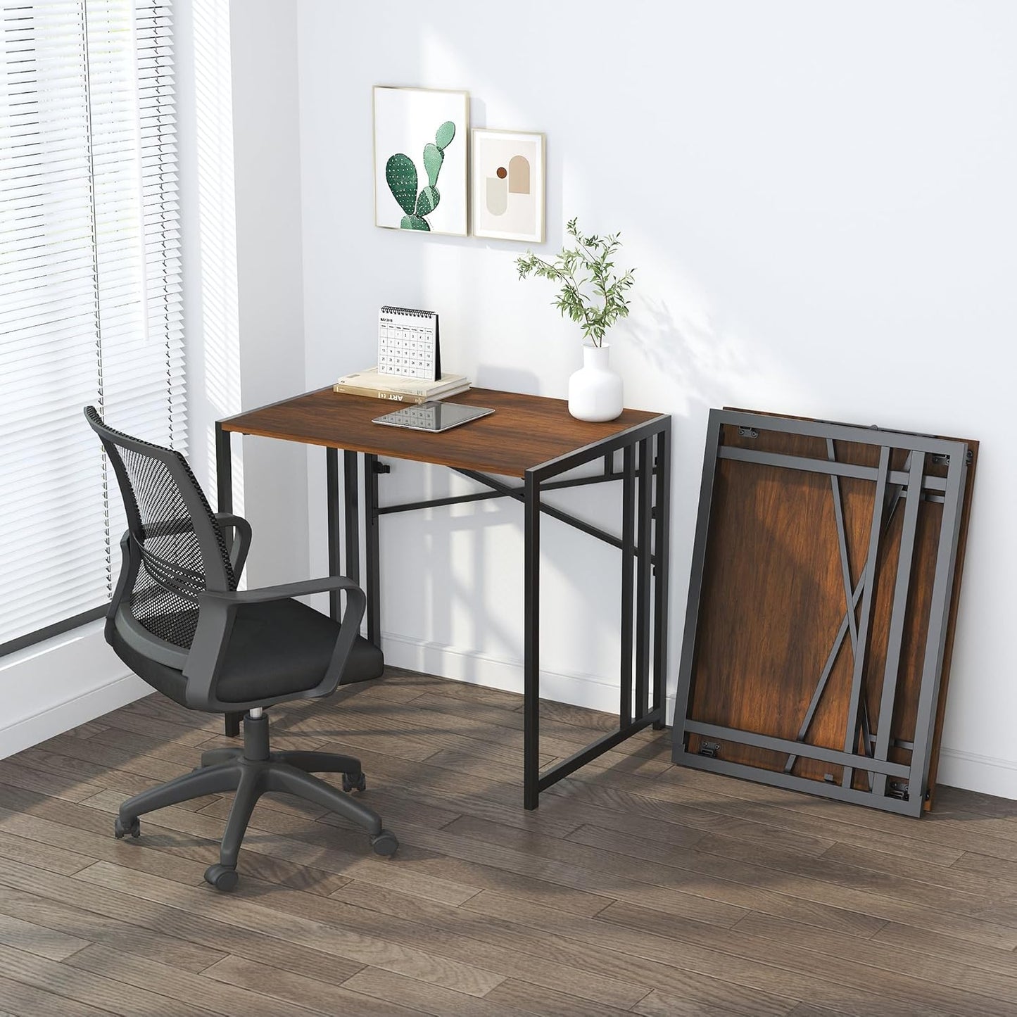 Lutown-Teen 32 inch Folding Small Desk, Writing Gaming Computer Camping Desk for Small Spaces, No Assembly Required Home Office Desk, Mahogany