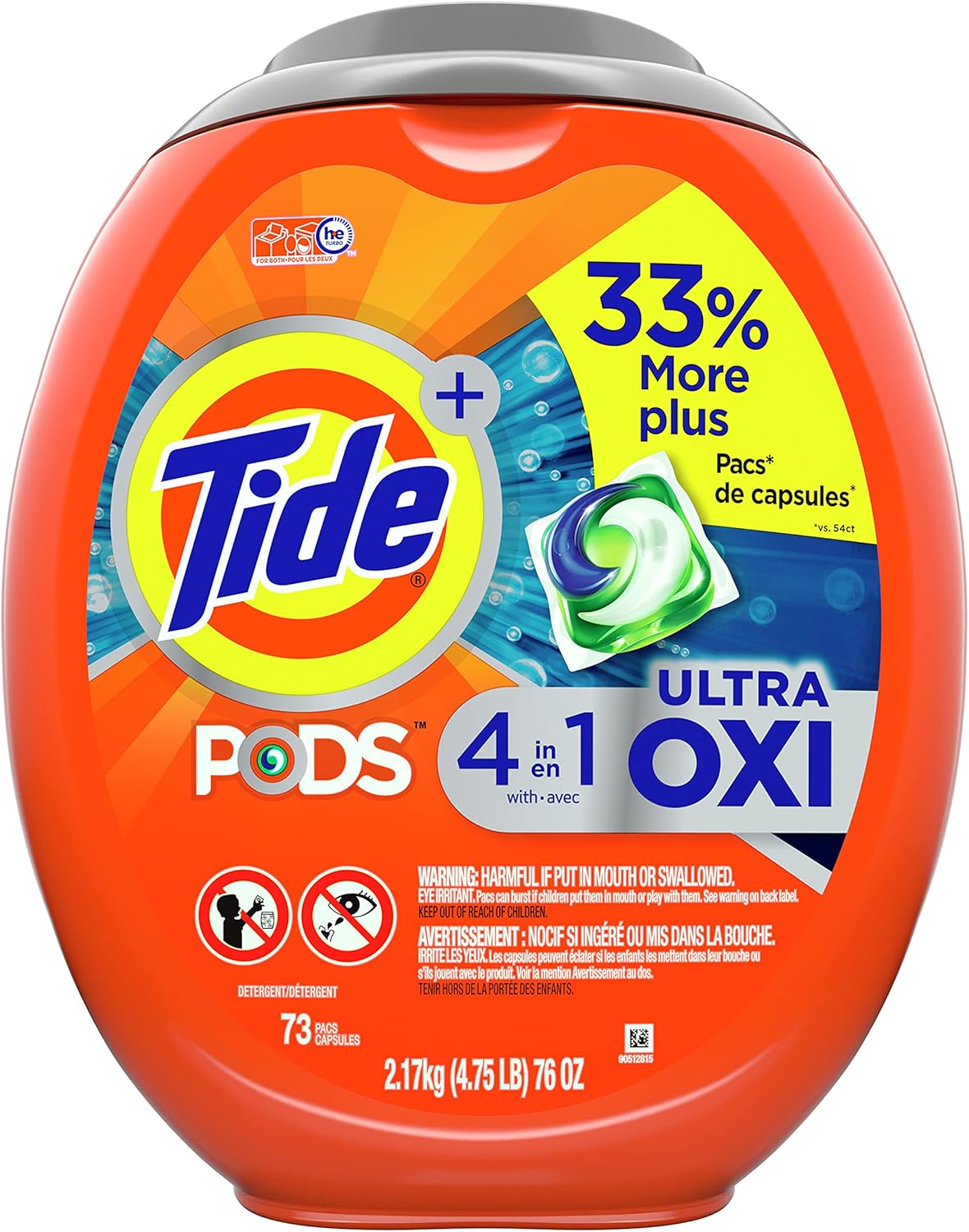 Tide 4-n-1 Ultra Oxi PODS Laundry Detergent Pacs, 57 Count, HE Compatible, Built in Pre-treater for Stains