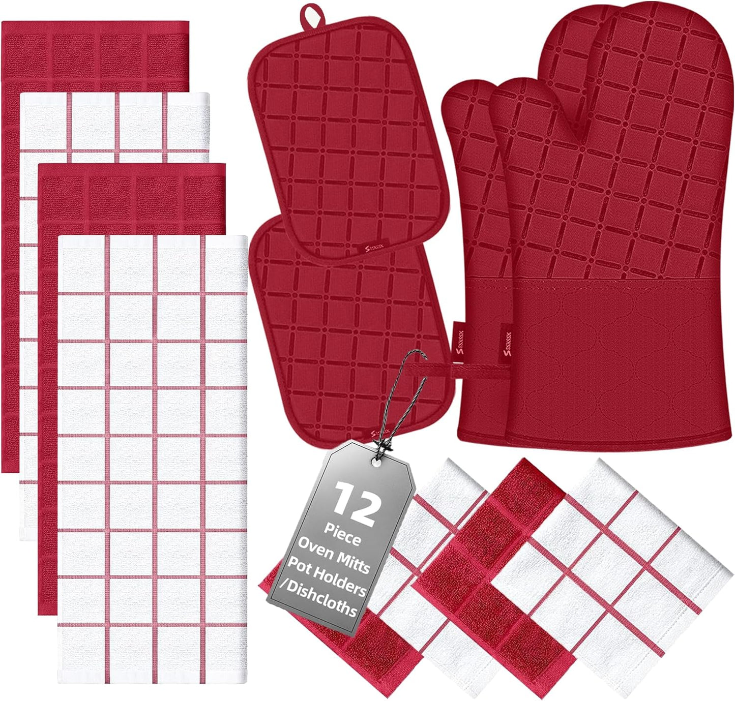 Oven Mitts Pot Holders Sets/Kitchen Towels and Dishcloths,Oven Gloves Kitchen Dish Towels 500 Degree Heat Resistant Potholders with Non-Slip Silicone Surface for Cooking,Grilling,Baking-Deep Green