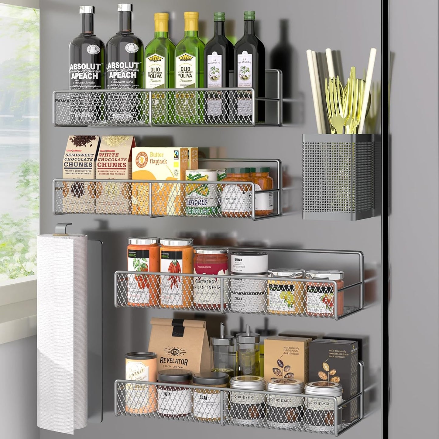 Magnetic Spice Rack for Refrigerator, 2 Pack 100% Metal Strong Magnet Shelf, Space Saving Spice Organizer W/ Hooks, Movable Magnetic Fridge Shelf, Kitchen Home Laundry Room Storage Organization, Brown