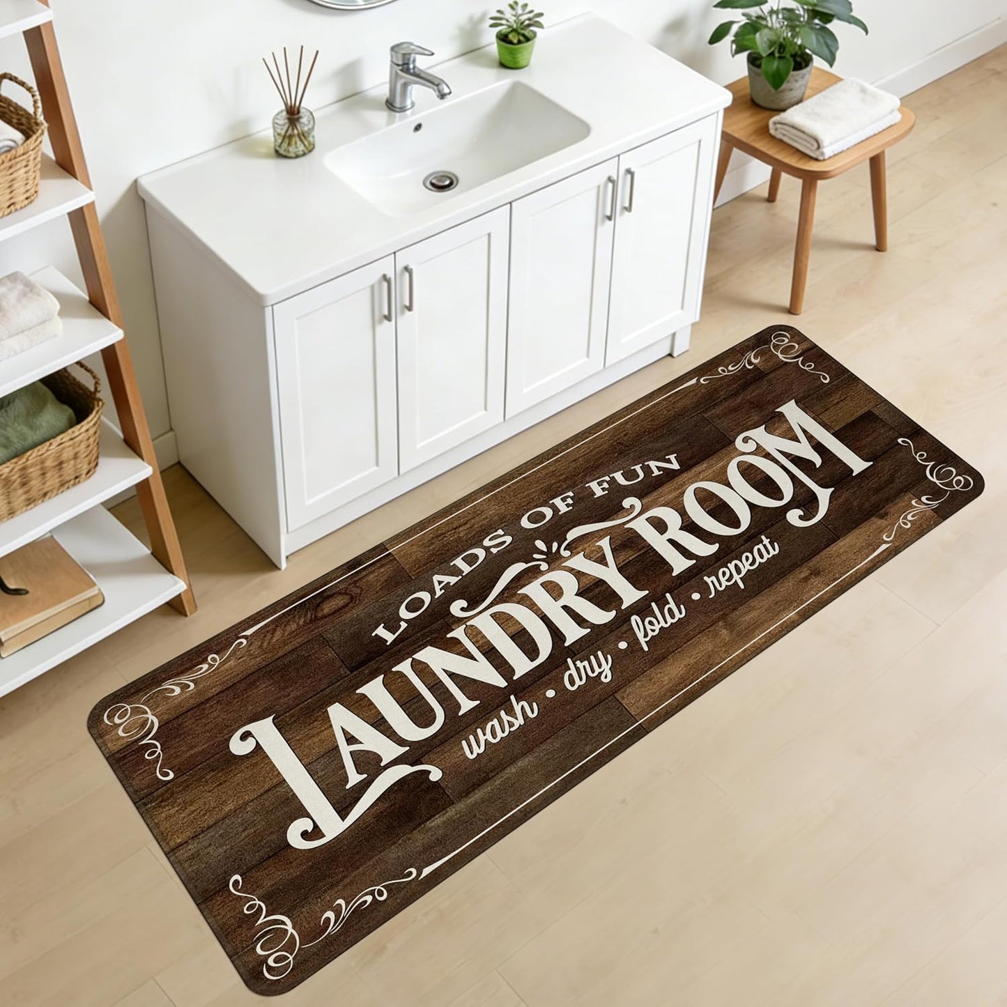 Washable Laundry Room Rug Runner, 20"X47" Non Slip Laundry Mat Soft Low-Pile Farmhouse Decor Area Rug for Entryway Hallway Kitchen Bathroom Brown
