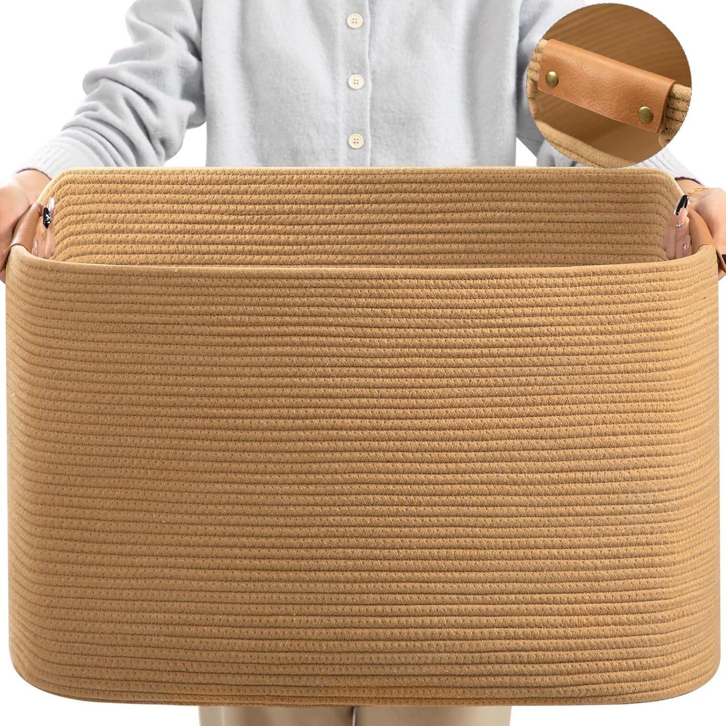 danpinera Large Laundry Basket, 108L Rectangle Woven Baskets for Storage for Living Room, Laundry, Nursery, Pillows, Baby Toy chest, Blanket Storage with Leather Handle, 25’’*16’’*16’’ Rainbow