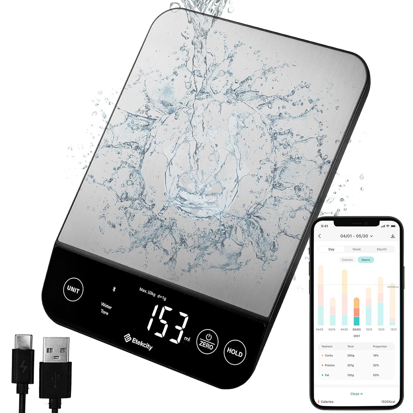 Etekcity Smart Food Kitchen Scale with Nutritional Calculator, Free App with 19 Nutrients Tracking, Calorie, Marco, Digital grams and ounces for weight loss, Premium Stainless Steel, 11lb