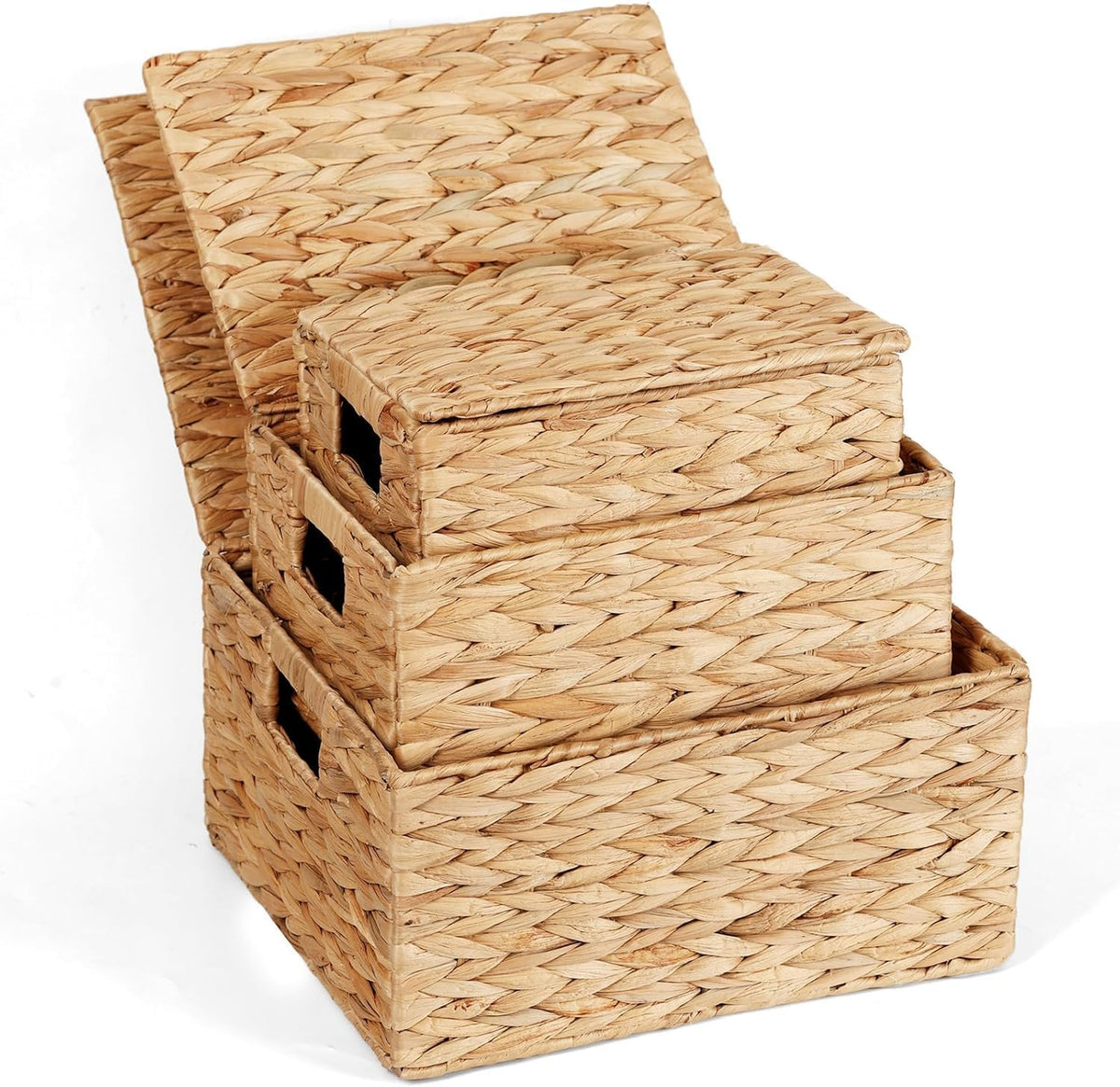 Wicker Storage Baskets for Organizing 3 Pack,Natural Water Hyacinth Ratten Baskets with Wooden Handles, Decorative Handwoven Storage Baskets for Shelves, Bathroom, Pantry or Kitchen