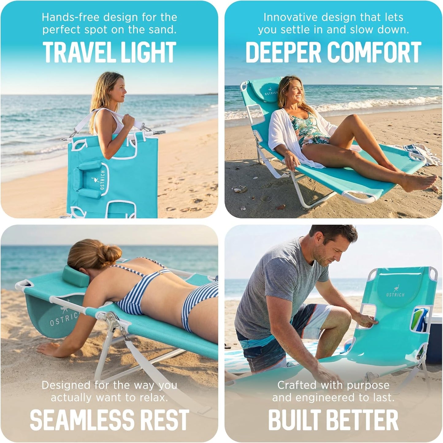 Ostrich the Original Chaise 72 x 22 Inch Lounge Portable Reclining Lounger, Outdoor Patio, Beach, Lawn, Camping, or Pool Tanning Chair, Aqua