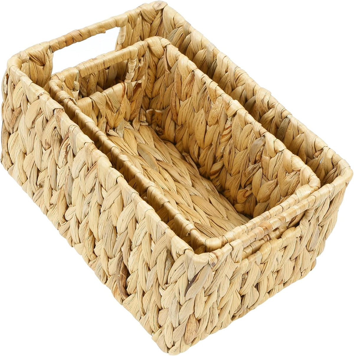 HOONEX Water Hyacinth Storage Baskets, Wicker Baskets for Organizing, Hand Woven Baskets with Carry Handles, Set of 2, Natural