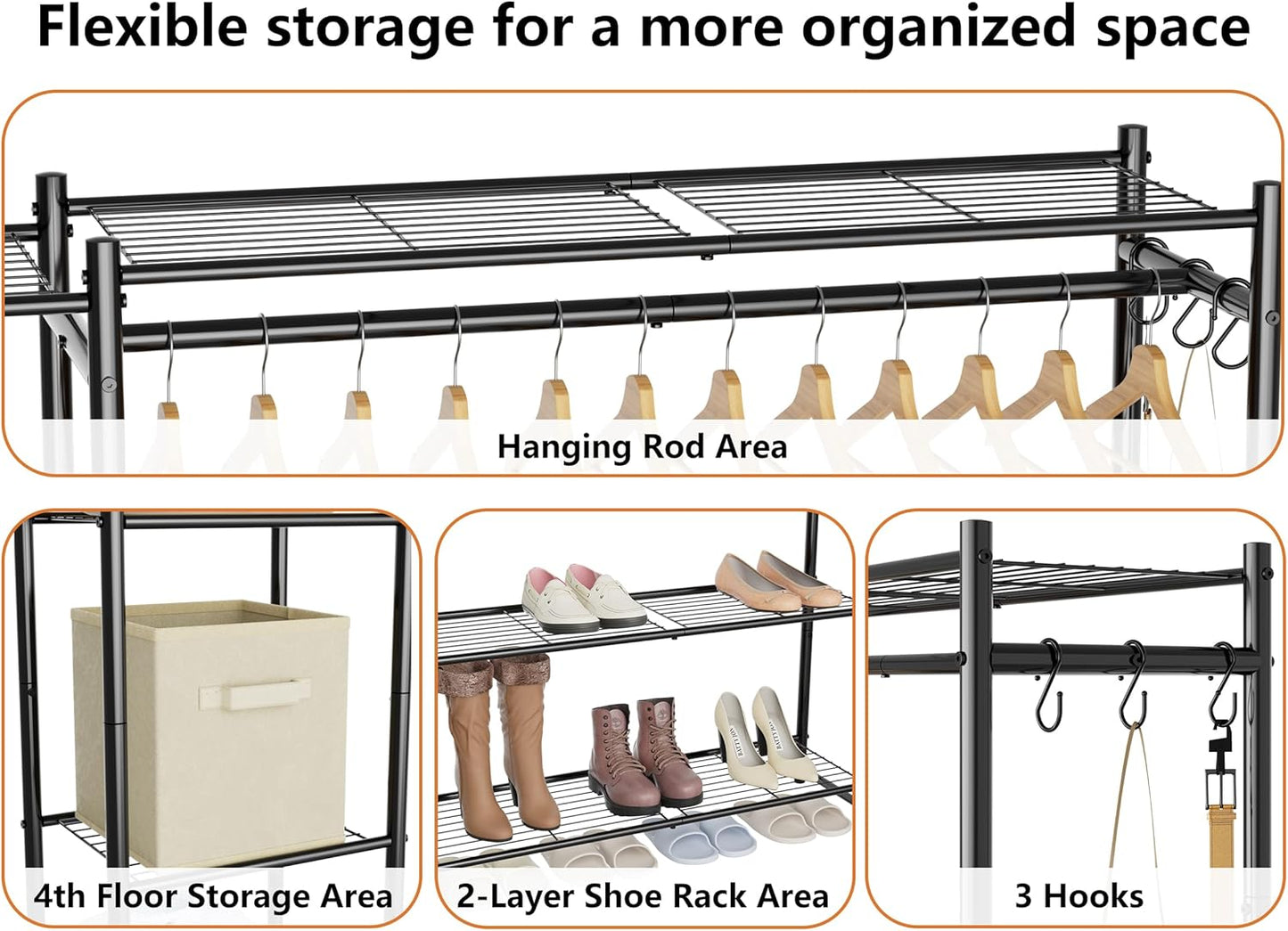 Wardrobe Closet,Portable Clothes Rack with 4 Tiers Shelves,Freestanding Closet Organizers and Storage System with Hanging Rods,Steel Clothing Rack Suitable for Cloakrooms,Bedrooms,Entrances,etc.Black
