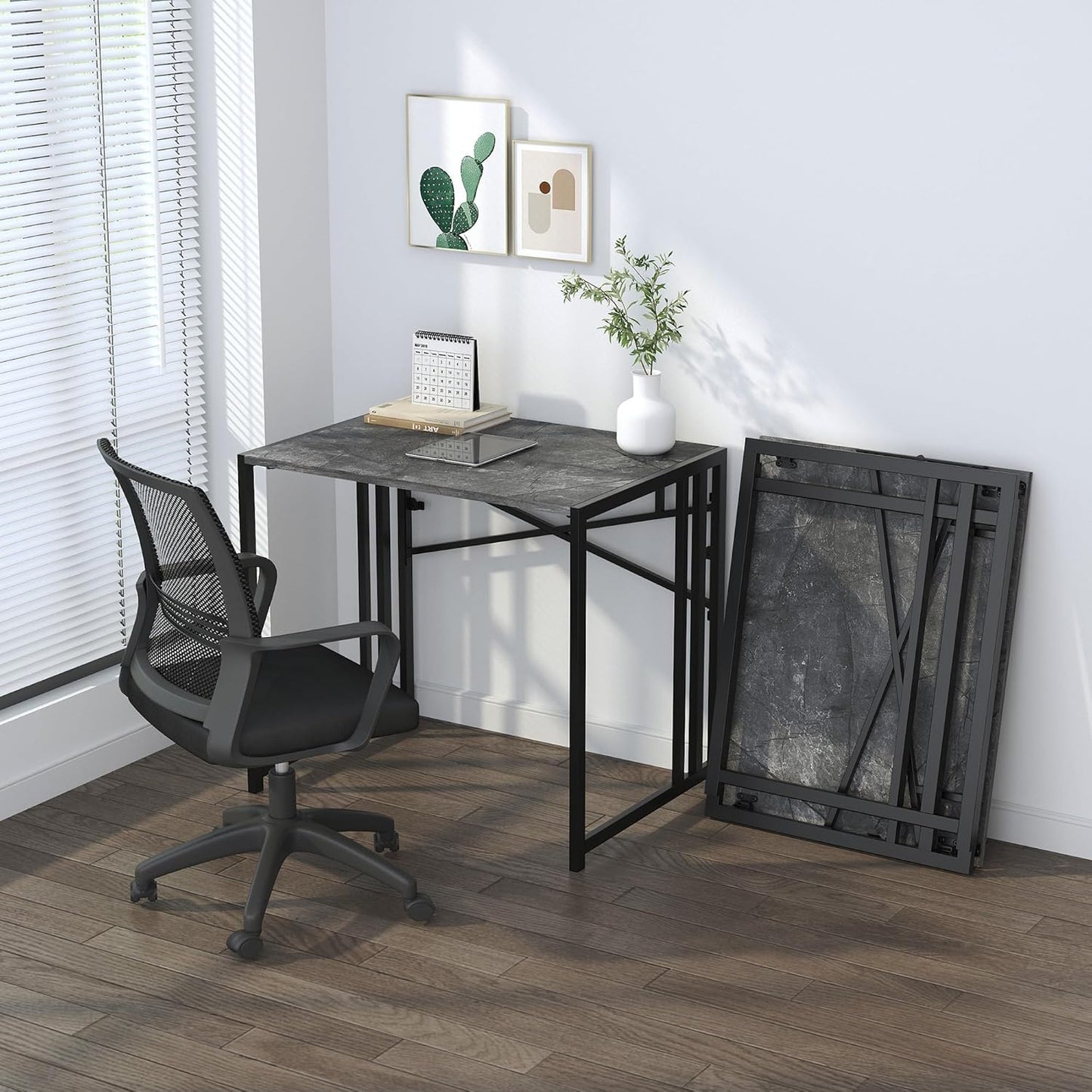 Lutown-Teen Small Folding Computer Desk 32 inch, Writing Gaming Computer Desk for Small Spaces, No Assembly Required Office Desk, Grey