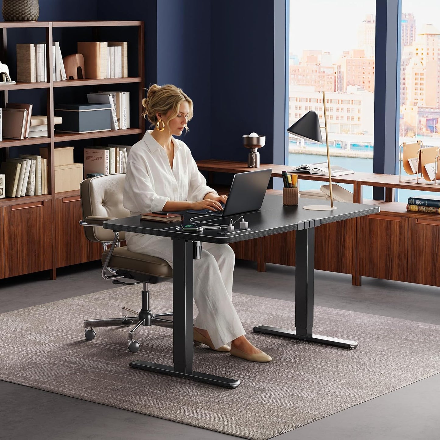 Huuger Electric Standing Desk with Power Outlets and USB-C Port, 47 X 24 Inch Height Adjustable Desk, Sit Stand Desk for Home Office, Computer & Gaming Desk with 4 Presets, Stable Steel Frame, Black