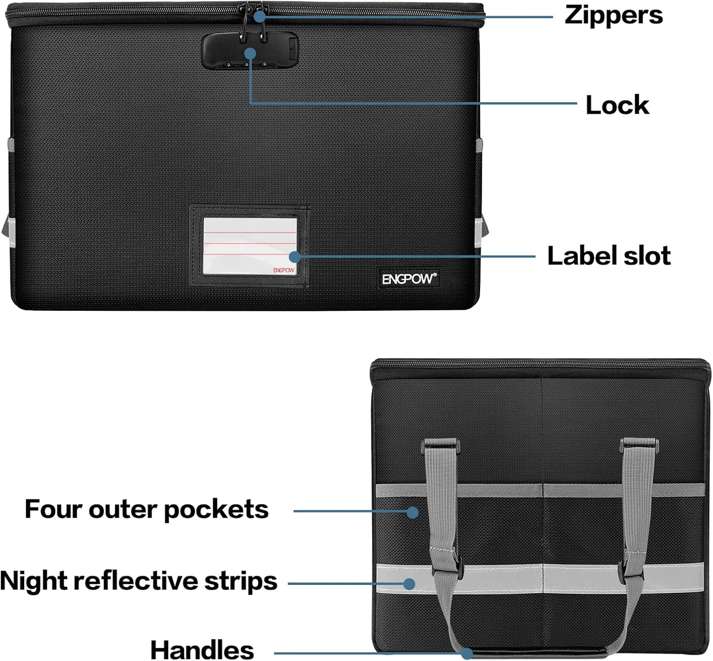 ENGPOW File Box with Lock,Fireproof Document Box with Zipper&Pockets,Collapsible File Organizer Filing Storage Cabinet with Handle,Portable Home Office Safe for Hanging Letter/Legal Folder,Black