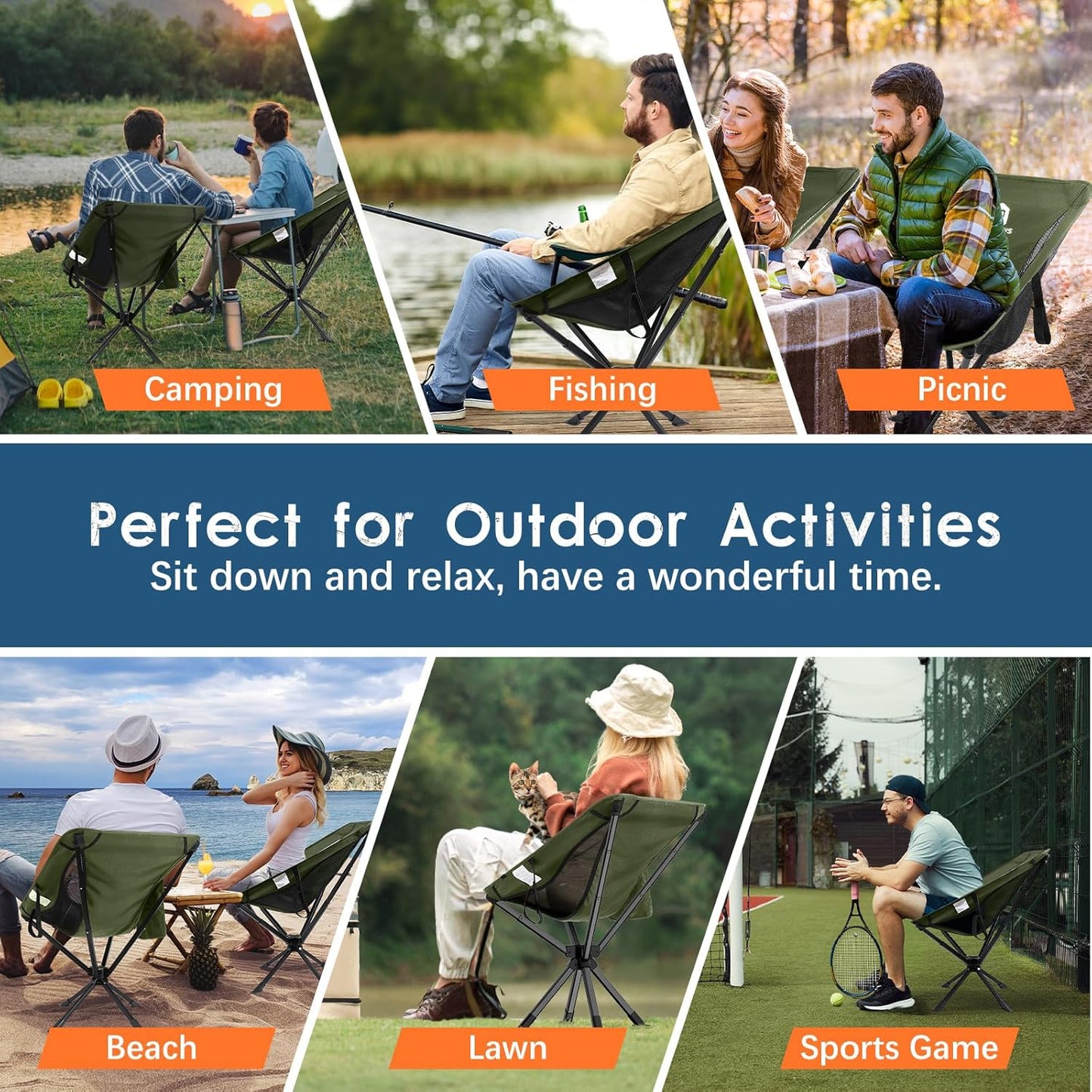 Raynesys Portable Camping Chair 1 Pack, 8 Seconds Quick Setup Folding Camping Chair, Flexible 360° Rotation, 3.8Lb Lightweight Travel Chairs for Easy Carry to Hiking, Sporting, Beach, Army Green