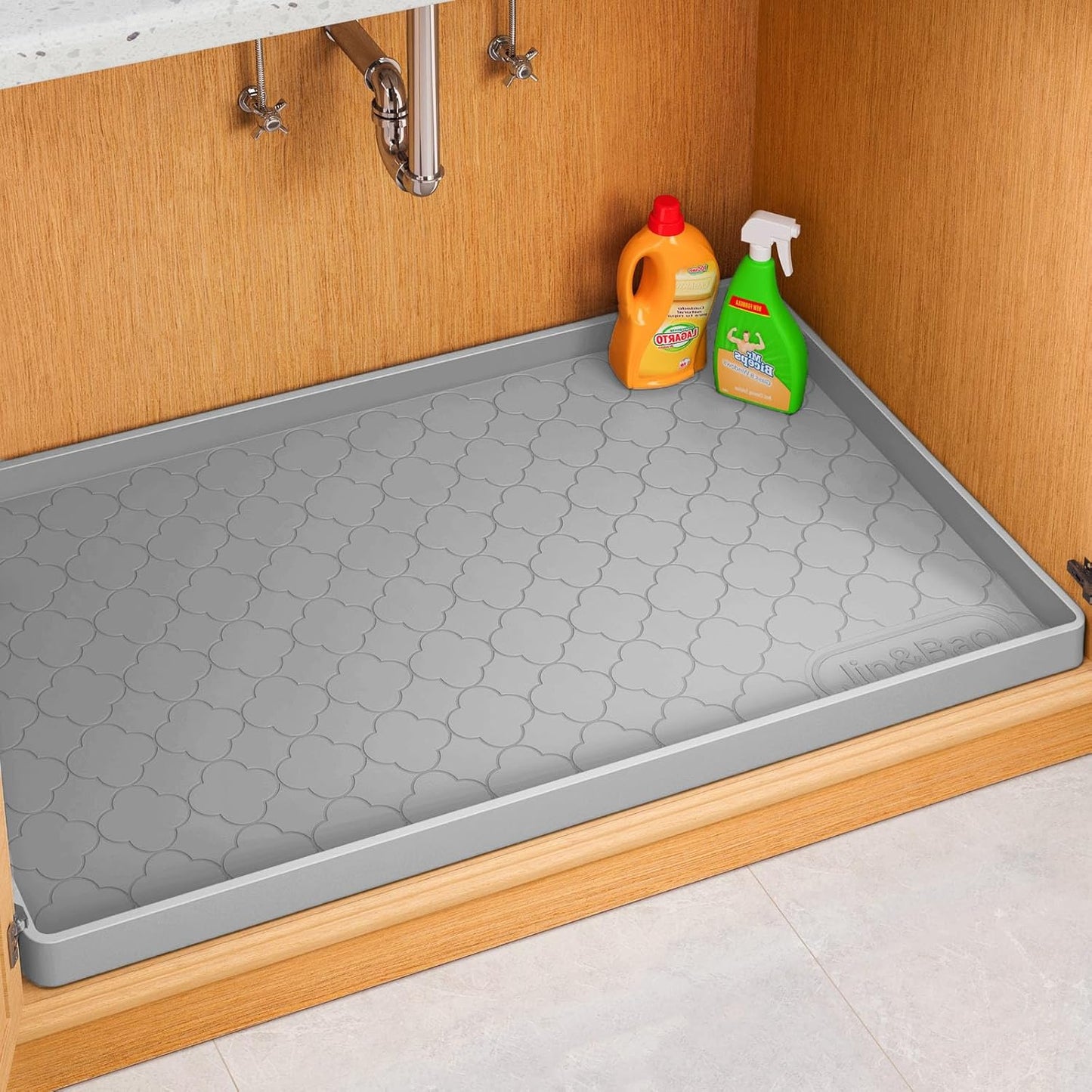 Jin&Bao Waterproof Under Sink Mat 34" x 22", Thick Silicone Mat Cabinet Protector for Kitchen and Bathroom, Shelf Liner, Home Organizer and Storage, Multipurpose Tray for Gadgets and Essentials