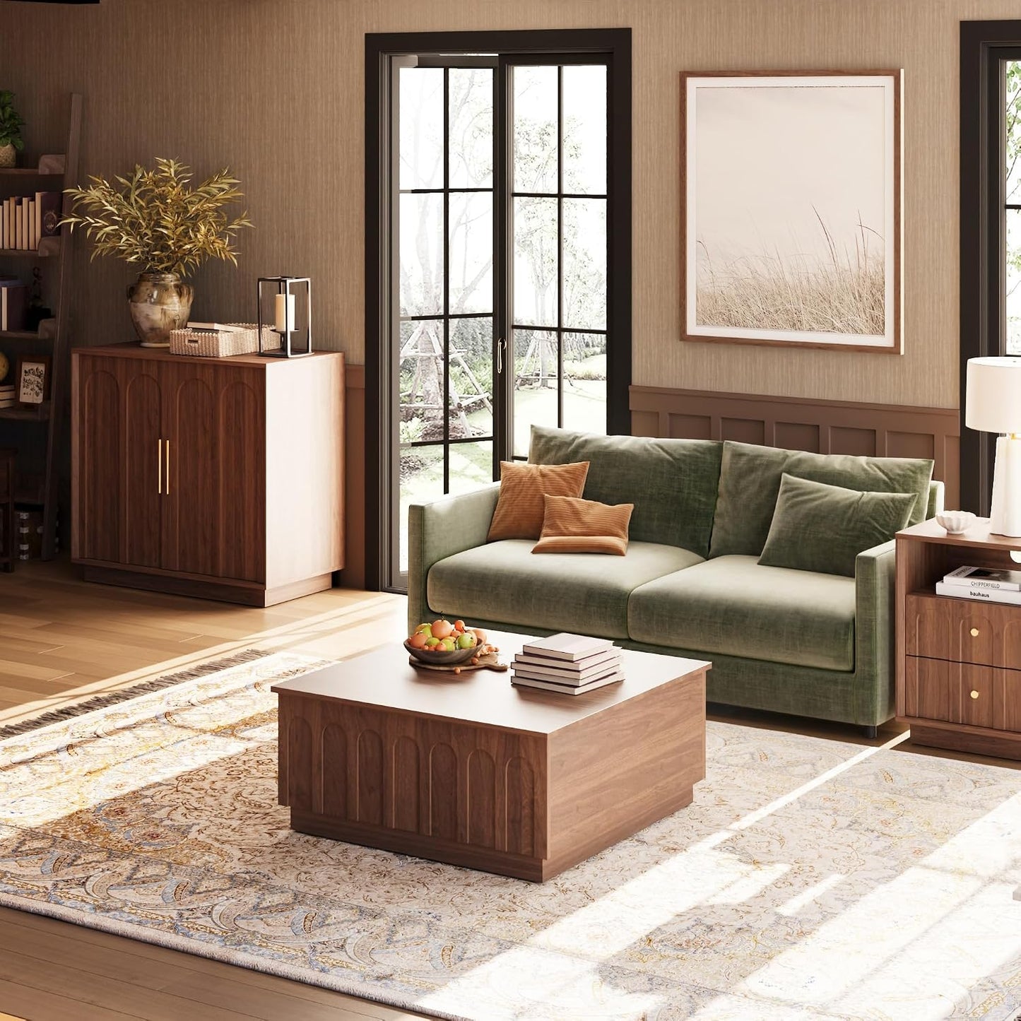 FORTUNETEC 31.5" Lift Top Coffee Table with Storage, Arched Design, Walnut | Mid Century Modern Coffee Table, Square Tea Table, Multifunctional Center Table, Wood Grain Texture, Living Room, Office