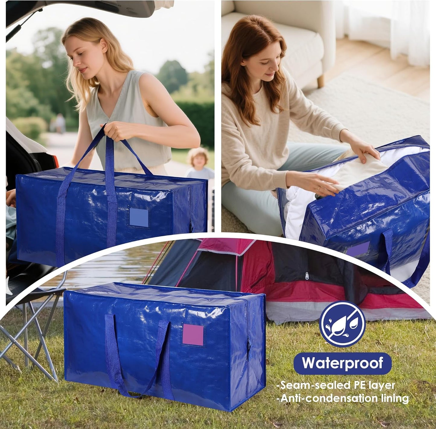 6 Pack Moving Bags with Full-Open Side Zipper, Extra Large 93L Heavy Duty Waterproof Foldable Storage Totes for College Dorm, Moving & Home Organization,Blue