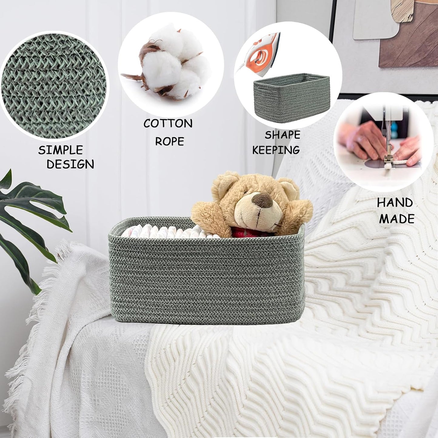 COMFY-HOMI 13" x 8.5" x 5.1" Storage Baskets for Organizing | Cotton Rope Woven Basket | Toy Storage Bin Box | Basket for Shelves, Closet Organizer Bin, Decorative Closet Shelf, 3 Pack