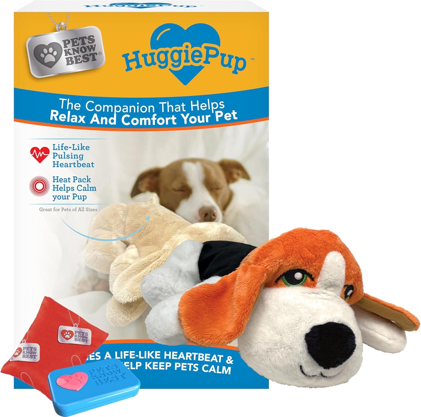 HuggiePup by Pets | Comfort Companion with Heartbeat Sleep Aide for Dogs & Puppies, Heating for Calming Relief Day or Night, Crate & Behavioral Training Essential Breeds | Golden