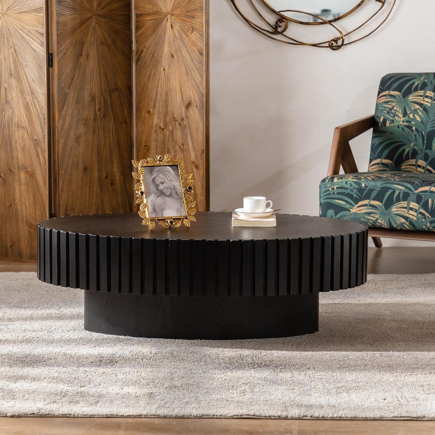 Black Oval Fluted Coffee Table for Living Room (43" Oval Black) | Handcrafted Relief, Wood Drum Coffee Table, for Office Outdoor