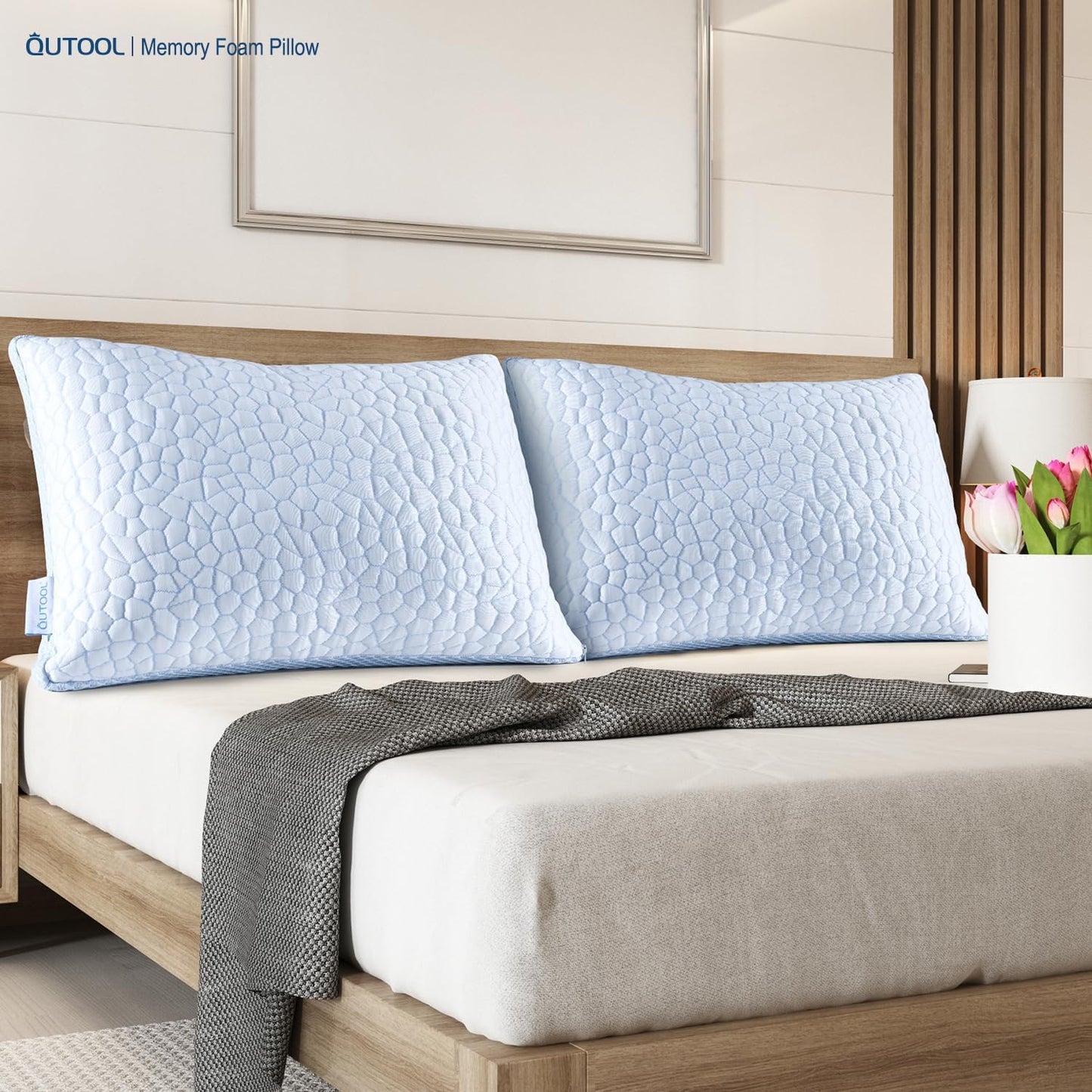 QUTOOL Enhanced Cooling Pillows for Sleeping, CertiPUR-US Shredded Memory Foam Pillows Queen Size Set of 2 for Hot Sleeper, Adjustable Bed Pillow for Side, Back, Stomach Sleepers Support Yet Soft Blue