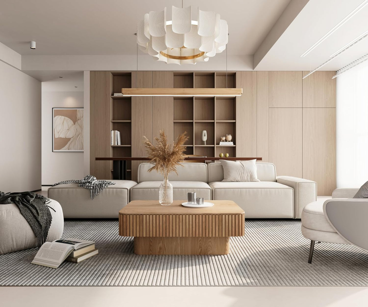 38.6'' Lift Top Coffee Table with Hidden Compartment, Modern Rectangular Fluted Wooden Center Table Cocktail Tea Table with Storage and Adjustable Height for Living Room Apartment,Natural