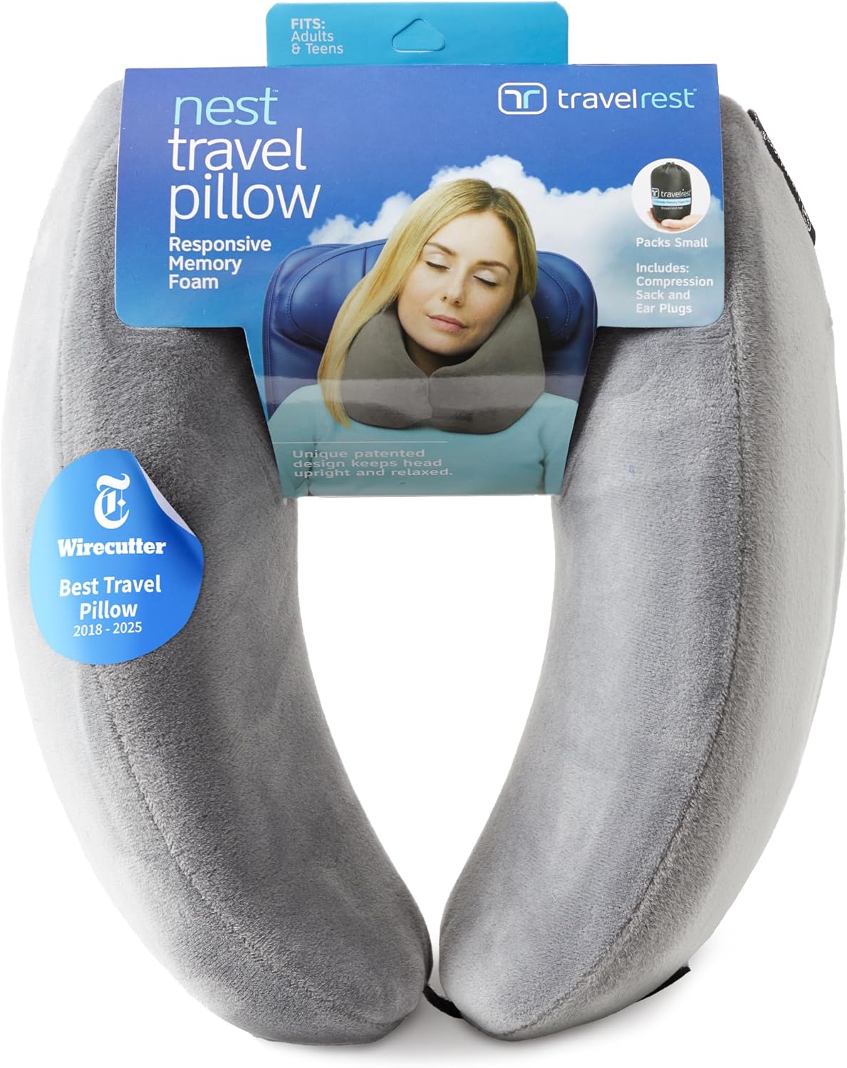 TRAVELREST Sleep Neck Pillow Travel - Travel Essentials, Memory Foam, Neck Support Pillow for Long Flight, Plane Sleeping Accessories, Anti-Slip and Comfortable, Washable, Attaches to Luggage - Blue