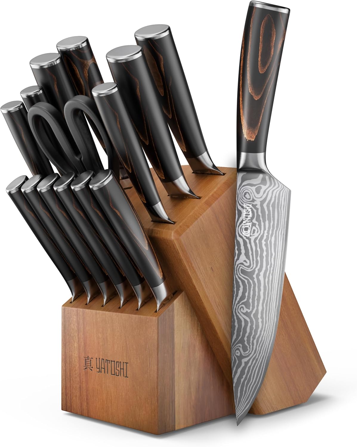 Yatoshi Knives Magnetic Kitchen Knife Block Set - Japanese 67 Layer High-Grade VG-10 Steel Knives, Sharp, G10 Handle Professional Kitchen Knife Set - Black Damascus (6 pieces)
