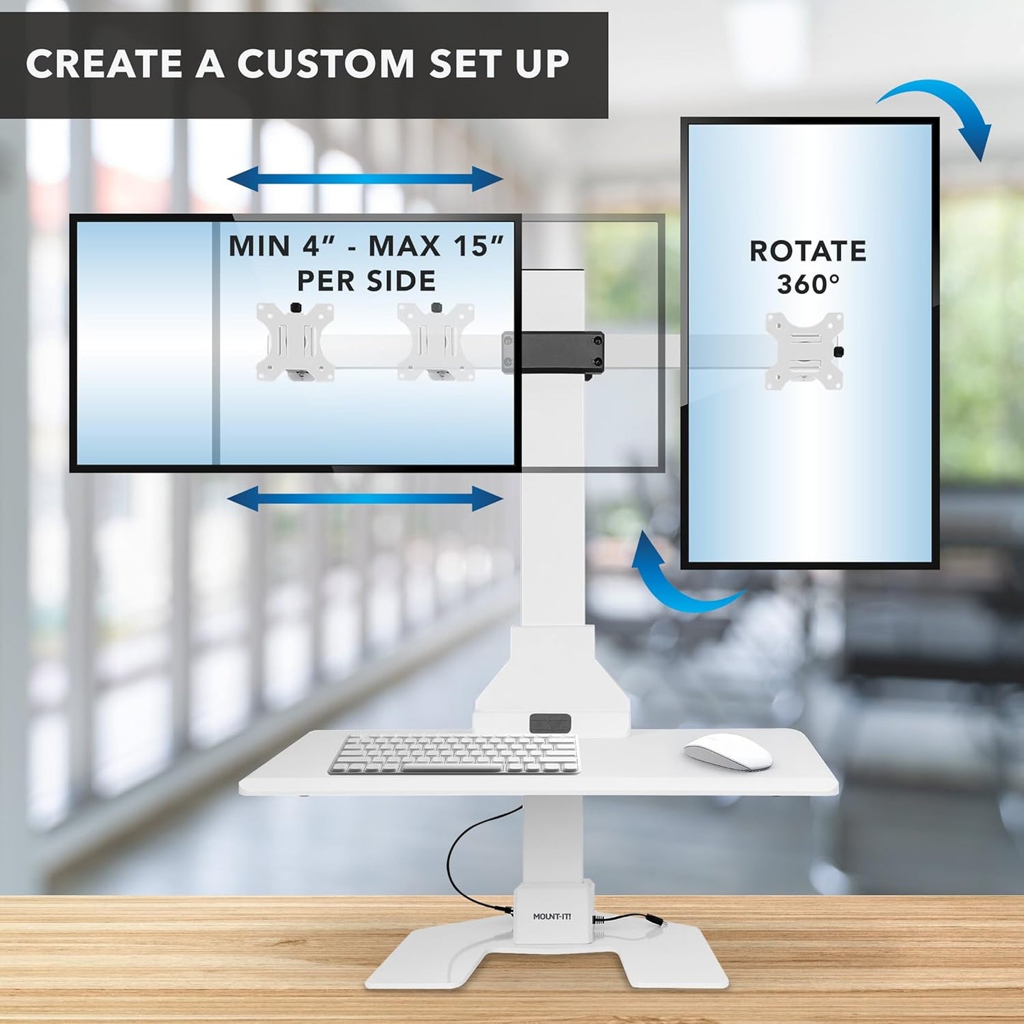 Mount-It! Electric Standing Desk Converter, Motorized Sit Stand Desk Riser with Dual Monitor Mounts, Adjustable Height Ergonomic Workstation with 28” Wide Platform and Tablet/Phone Slot, White