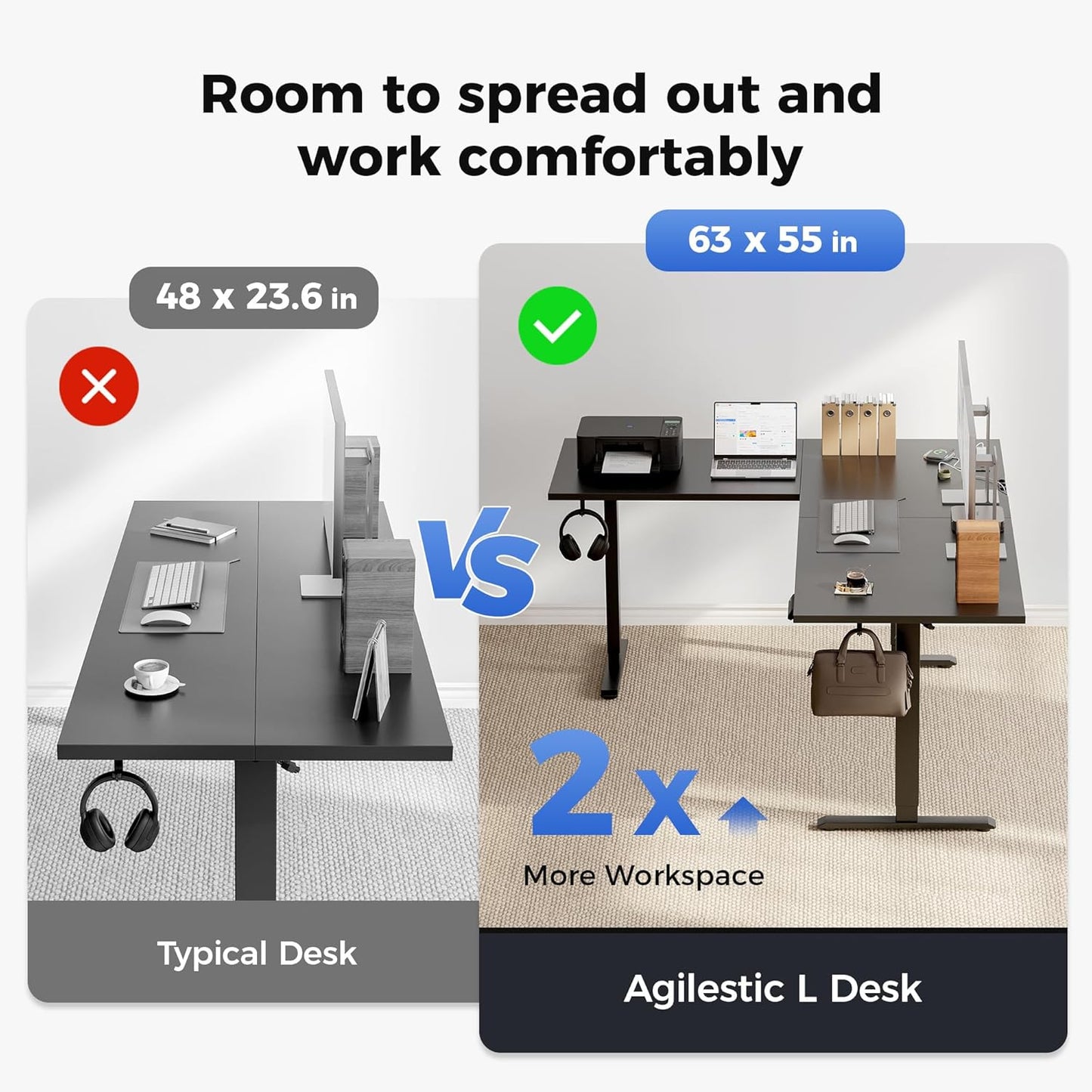 Agilestic Electric L Shaped Standing Desk 63 x 55 Inch with Power Outlet, Height Adjustable Corner Stand up Desk with Cable Management,Sit Stand Home Office Workstation with Splice Board, Black