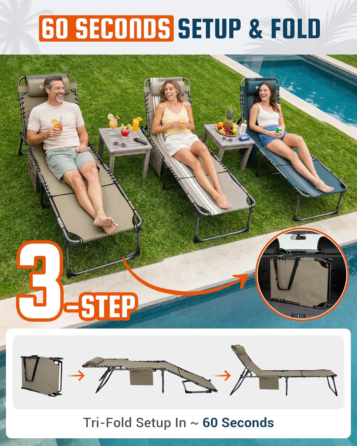 KingCamp Tanning Chair with Face Hole, Lounge Chairs Outdoor Folding Comfy Adjustable 5-Position Lay Flat Foldable Chaise Chaser Lounger for Outside Beach Patio Sun Bathing Pool, Beige