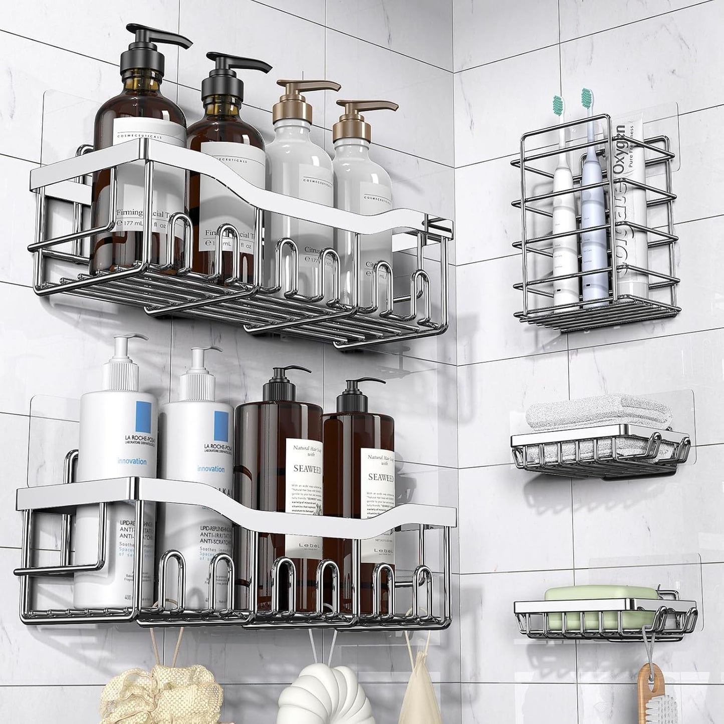 Shower Caddy 5 Pack,Adhesive Shower Organizer for Bathroom Storage&Home Decor&Kitchen,No Drilling,Large Capacity,Rustproof Stainless Steel Bathroom Organizer,Shower Shelves for Inside Shower-Larger
