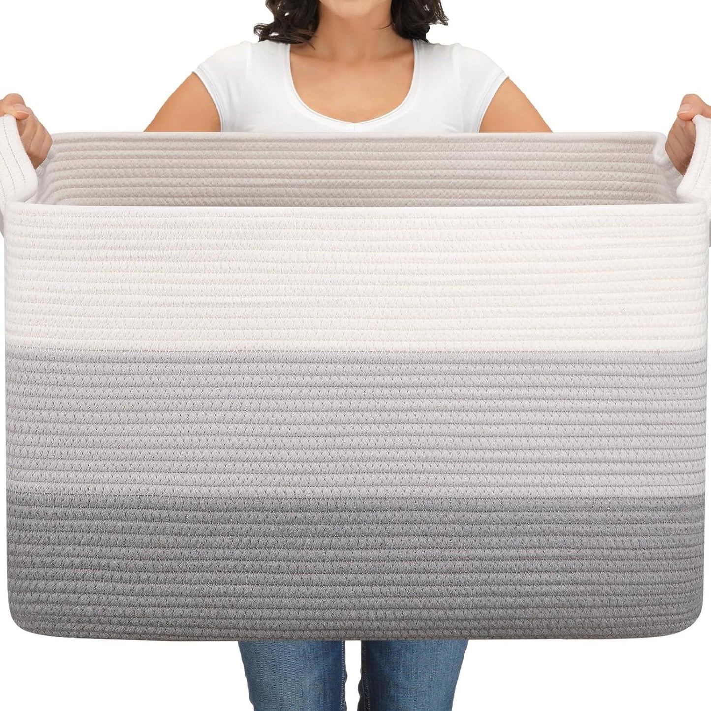OIAHOMY Extra Large Blanket Basket, 95L Cotton Rope Woven Laundry Basket, Toy Bin for Baby Room, Container for Blanket Storage in Living Room, 24''×17''×14'', Grey & White