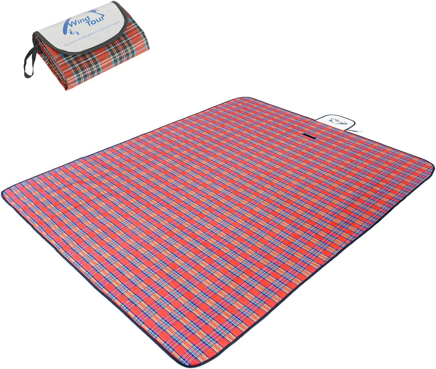 Wind Tour Waterproof Picnic Blanket with Carry Strap - Foldable Sandproof Outdoor Mat for Camping, Beach, Park - 59" x 71",Coffee Grid (Single Mat)