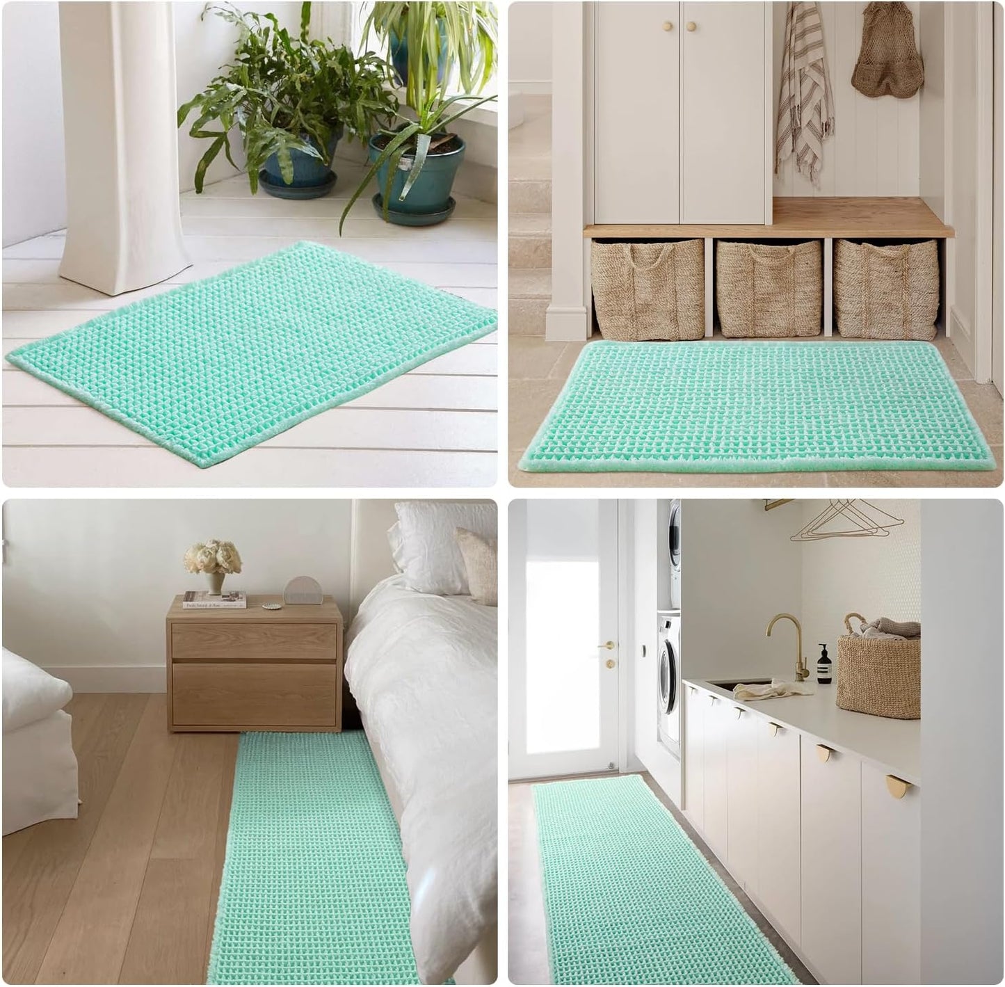 TYUU Waffle Bath Mat, Boho Bathroom Rugs Non Slip Washable Super Absorbent Quick Dry Cute Bath Mat Farmhouse Bathroom Decor, 24"x16" Aqua Blue